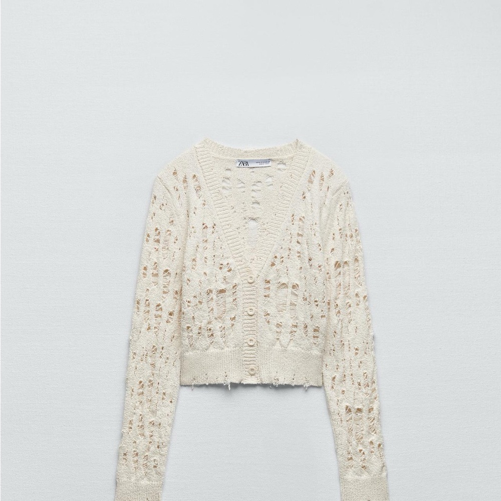 Zara White Distressed Knit Cardigan